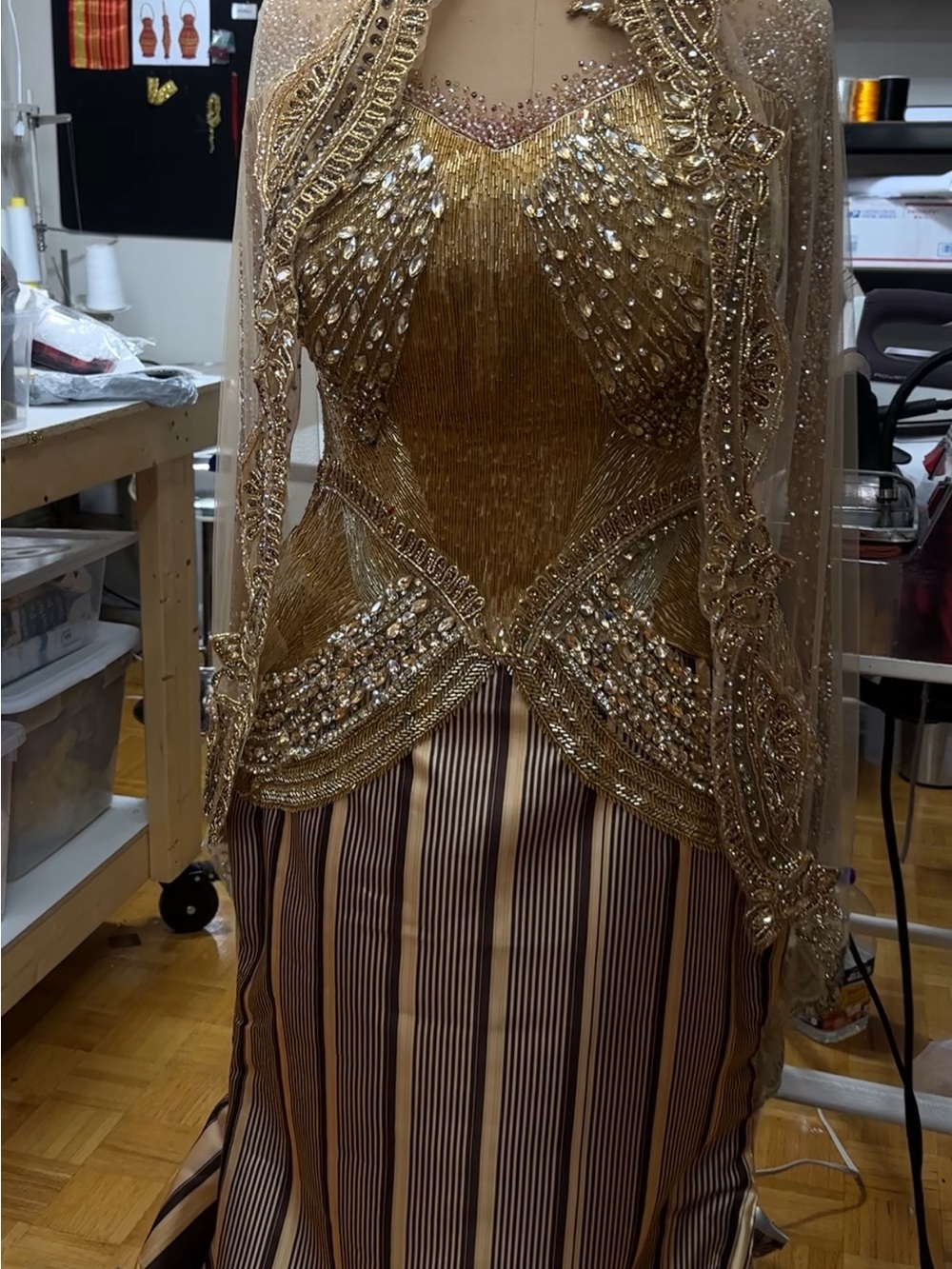 Utopia Africa Designs Gold Beaded Prom Gown with Striped Skirt